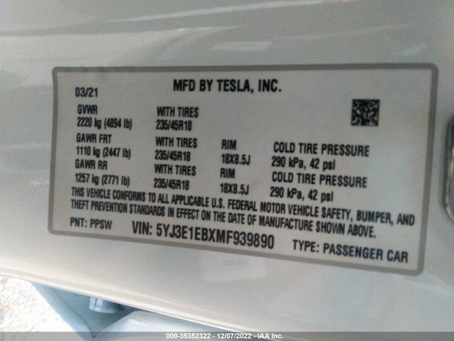 Tesla Model 3 Long Range 2021 5YJ3E1EBXMF939890 Image 11