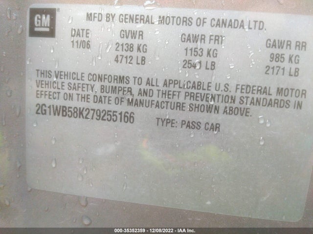2007 CHEVROLET IMPALA LS VIN: 2G1WB58K279255166