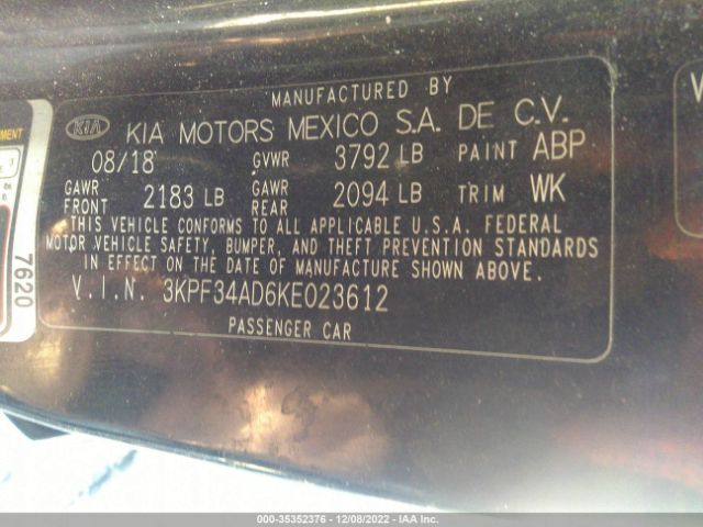 3KPF34AD6KE023612 KIA FORTE S