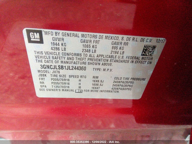 2018 Chevrolet Trax, VIN: 3GNCJLSB1JL244360