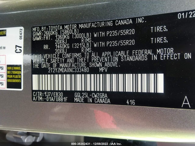 2022 Lexus RX, VIN: 2T2YZMDAXNC333480