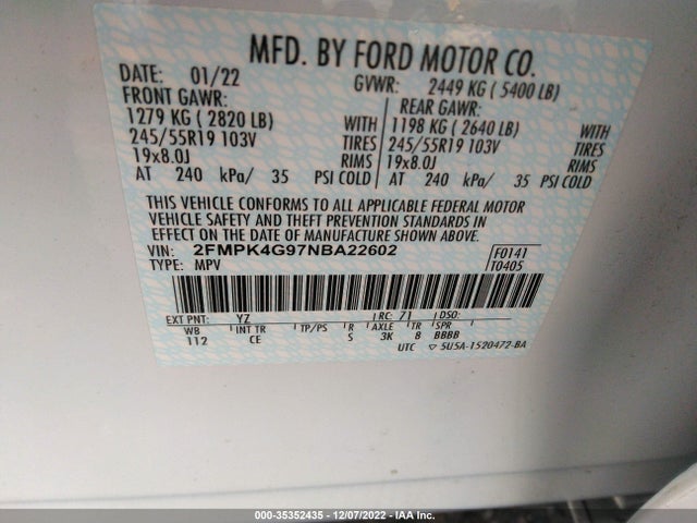2022 Ford Edge, VIN: 2FMPK4G97NBA22602