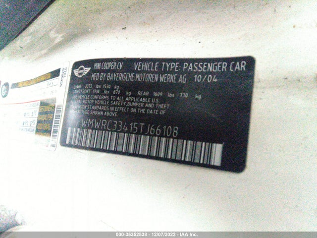 Mini COOPER HARDTOP 2005 WMWRC33415TJ66108 Image 10