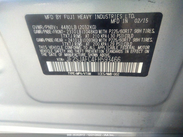 2015 SUBARU FORESTER 2.5I PREMIUM VIN: JF2SJAFC4FH593466