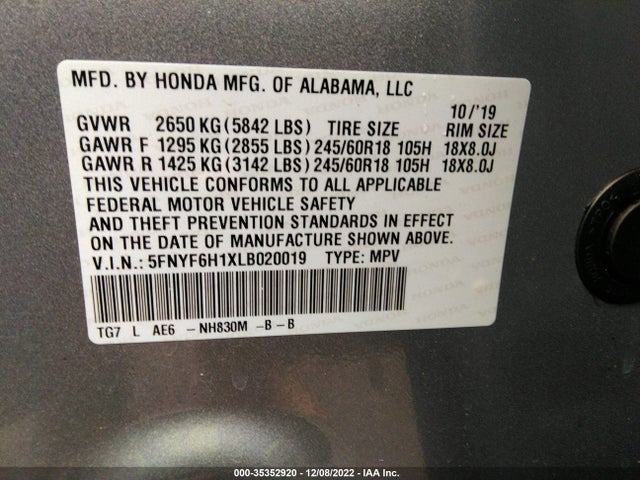 Honda PILOT LX 2020 5FNYF6H1XLB020019 Image 11