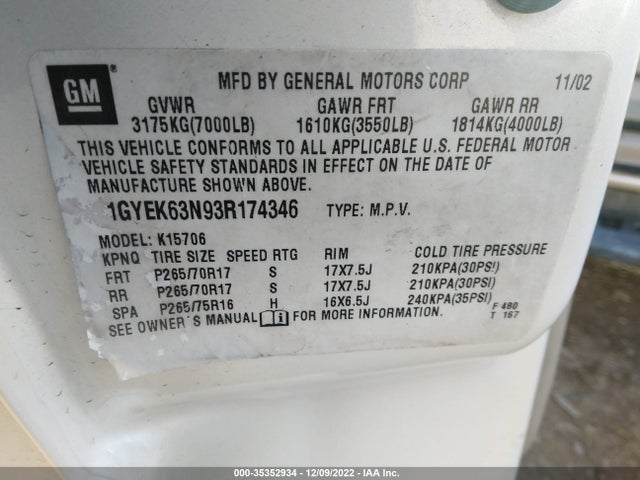 Cadillac Escalade 2003 1GYEK63N93R174346 Image 10