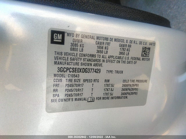 2013 CHEVROLET SILVERADO 1500 LT VIN: 3GCPCSE0XDG377429