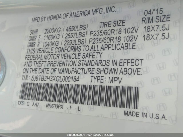 2016 Acura RDX, VIN: 5J8TB3H3XGL000184