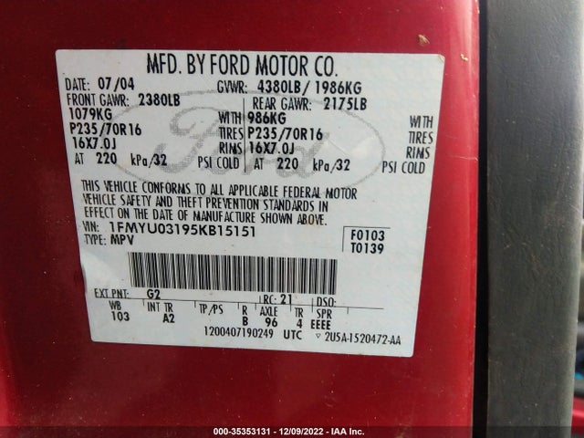2005 FORD ESCAPE XLT VIN: 1FMYU03195KB15151