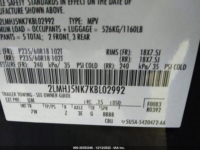 Lincoln MKT 2019 2LMHJ5NK7KBL02992 Image 9