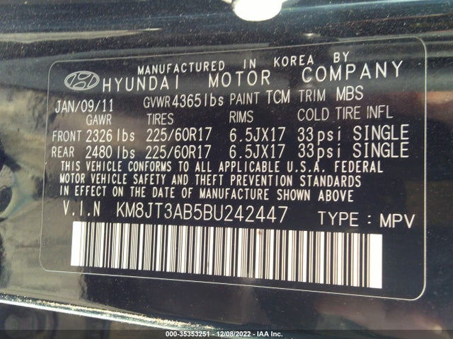 2011 HYUNDAI TUCSON GL VIN: KM8JT3AB5BU242447