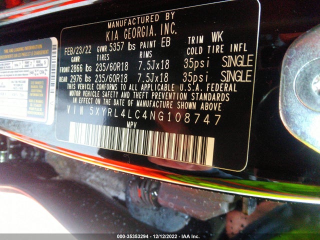 2022 Kia Sorento, VIN: 5XYRL4LC4NG108747