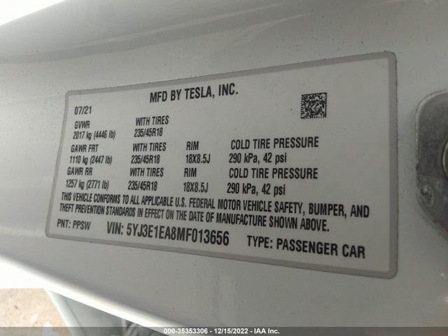 Tesla Model 3 Standard Range Plus 2021 5YJ3E1EA8MF013656 Image 11