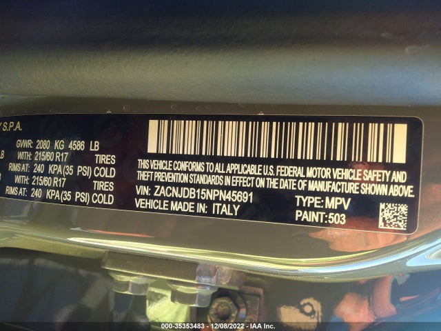 2022 JEEP RENEGADE LATITUDE VIN: ZACNJDB15NPN45691