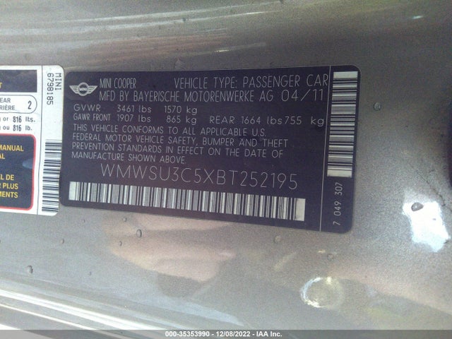 Mini COOPER HARDTOP 2011 WMWSU3C5XBT252195 Image 10