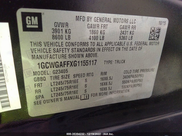 2016 CHEVROLET EXPRESS CARGO VAN VIN: 1GCWGAFFXG1155117