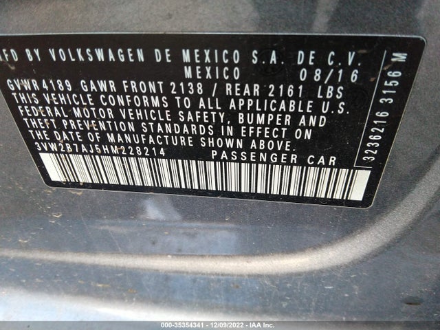 2017 VOLKSWAGEN JETTA 1.4T S VIN: 3VW2B7AJ5HM228214