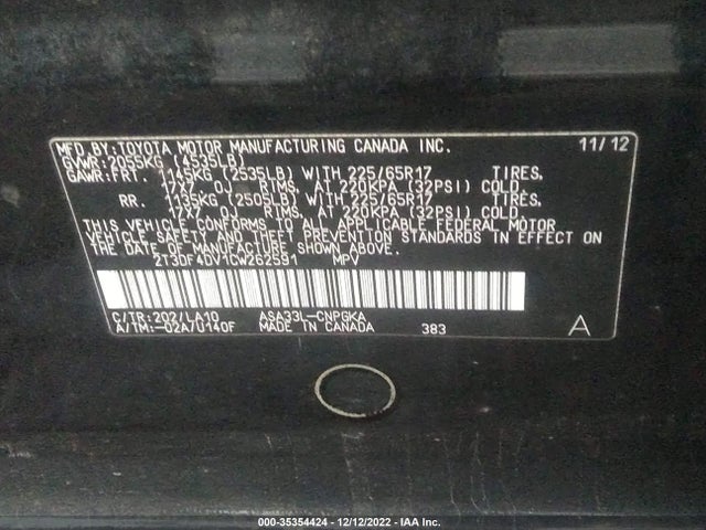 2012 TOYOTA RAV4 LIMITED VIN: 2T3DF4DV1CW262591