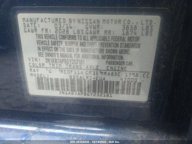 2016 NISSAN SENTRA SR VIN: 3N1AB7AP8GY252181