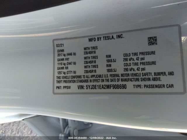 5YJ3E1EA2MF908690 Tesla MODEL 3