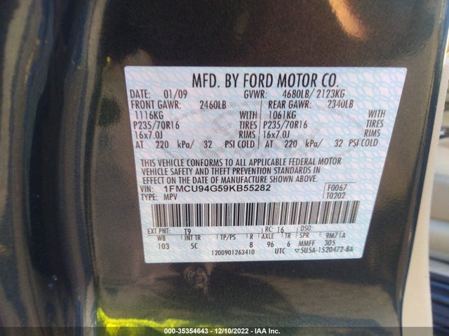 2009 FORD ESCAPE LIMITED VIN: 1FMCU94G59KB55282