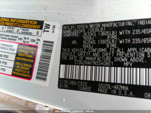 Toyota Highlander 2022 5TDGZRAH1NS540801 Image 9