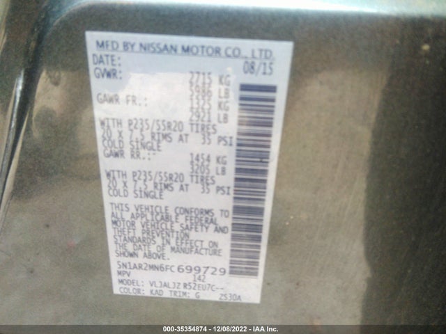 Nissan Pathfinder Platinum 2015 5N1AR2MN6FC699729 Image 10
