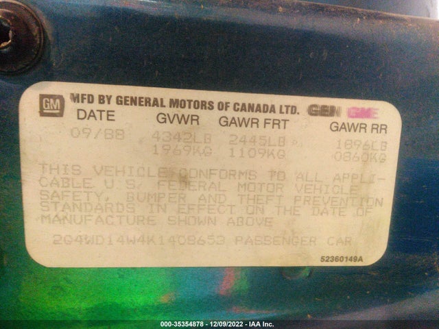 1989 BUICK REGAL LIMITED VIN: 2G4WD14W4K1408653