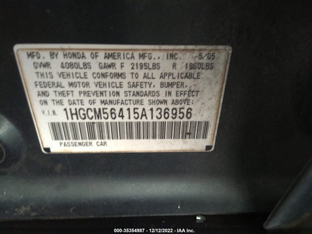 35354987 :رقم المزاد ، 1HGCM56415A136956 vin ، 2005 Honda Accord Sdn Lx مزاد بيع