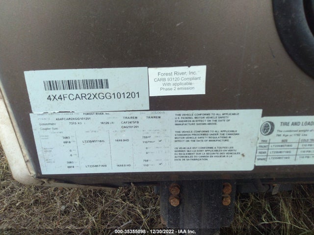 2016 FOREST RIVER CARD VIN: 4X4FCAR2XGG101201