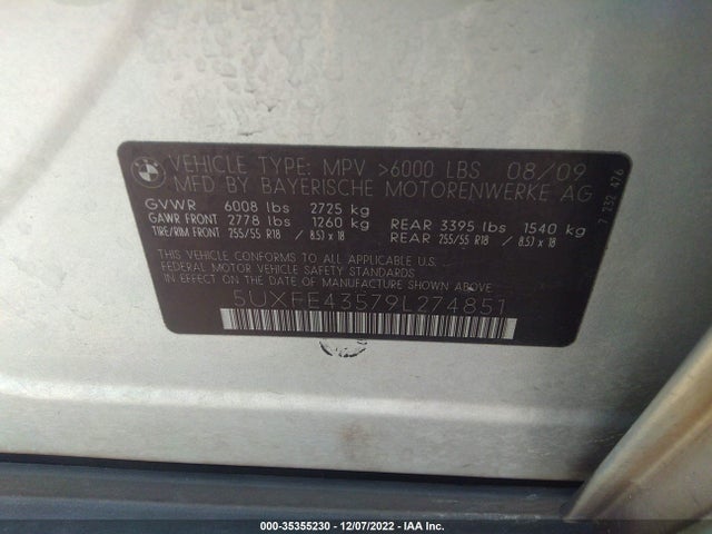 2009 BMW X5 30I VIN: 5UXFE43579L274851