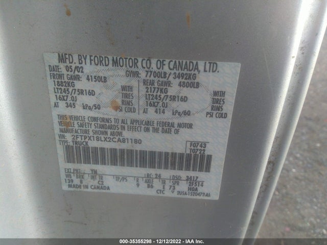 2002 FORD F-150 XL VIN: 2FTPX18LX2CA81180