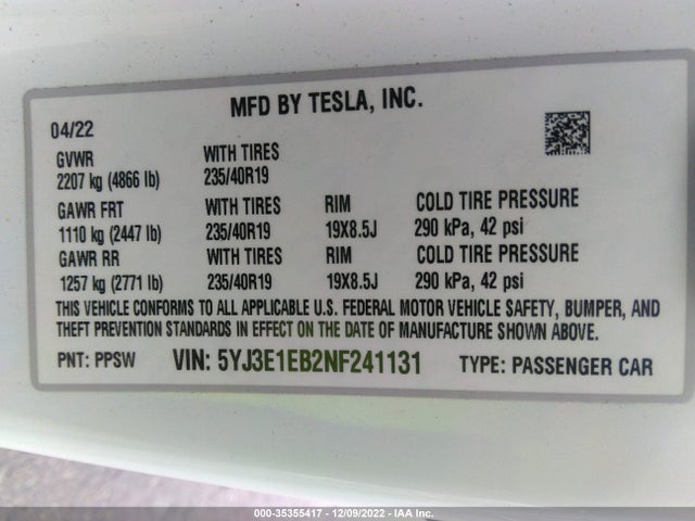 Tesla MODEL 3 2022 5YJ3E1EB2NF241131 Image 9