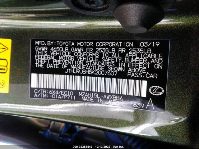 2019 LEXUS UX UX 250H VIN: JTHU9JBH8K2007607