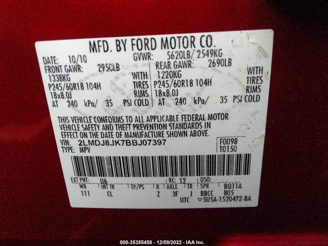 Lincoln MKX 2011 2LMDJ8JK7BBJ07397 Image 10