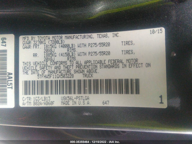 2016 Toyota Tundra, VIN: 5TFHW5F11GX503228
