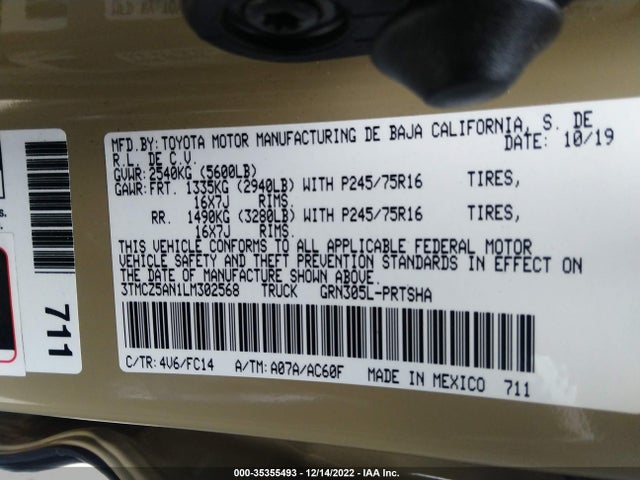 2020 TOYOTA TACOMA 4WD SR5/TRD SPORT VIN: 3TMCZ5AN1LM302568