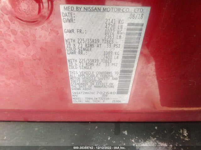 2019 NISSAN ROGUE SL VIN: 5N1AT2MV2KC702640