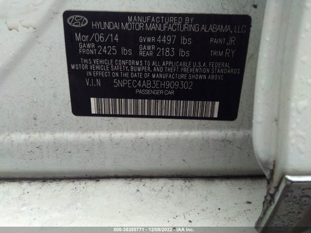 2014 HYUNDAI SONATA LIMITED VIN: 5NPEC4AB3EH909302