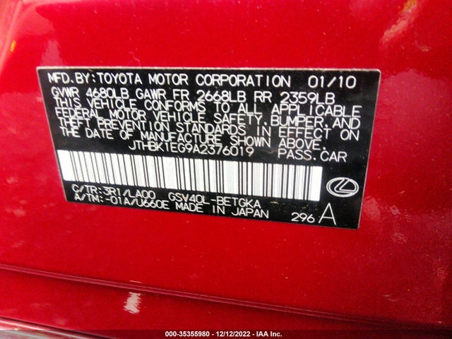 Lexus ES 350 2010 JTHBK1EG9A2376019 Image 9