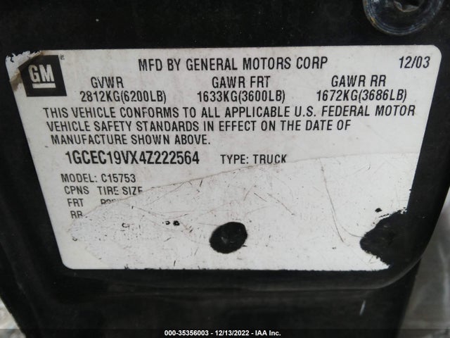 2004 CHEVROLET SILVERADO 1500 LS VIN: 1GCEC19VX4Z222564