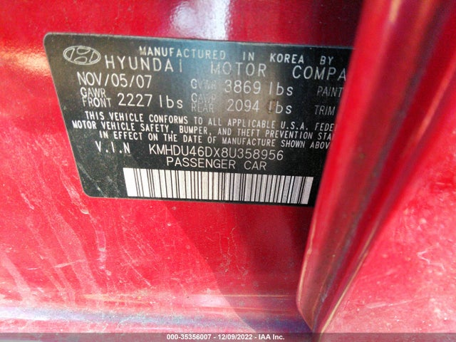 2008 HYUNDAI ELANTRA GLS/SE VIN: KMHDU46DX8U358956