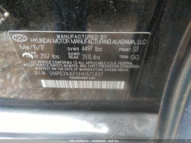 Hyundai Sonata 2.4l 2017 5NPE24AF0HH575837 Image 10