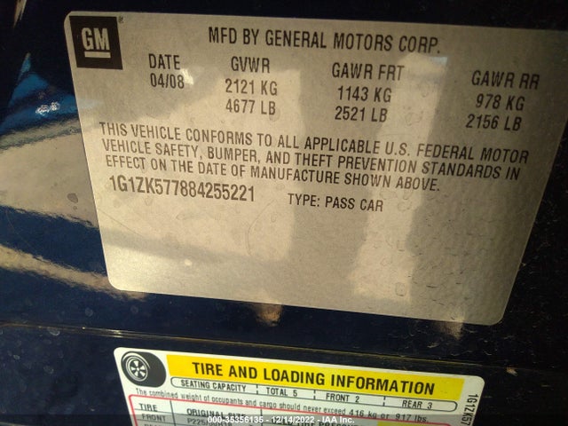 2008 CHEVROLET MALIBU LTZ VIN: 1G1ZK577884255221
