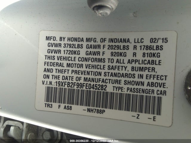 2015 HONDA CIVIC SEDAN EX-L VIN: 19XFB2F99FE045282