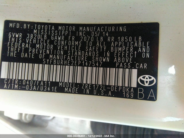 2014 TOYOTA COROLLA L/LE/S/S PLUS/LE PLUS VIN: 5YFBURHE2EP147547