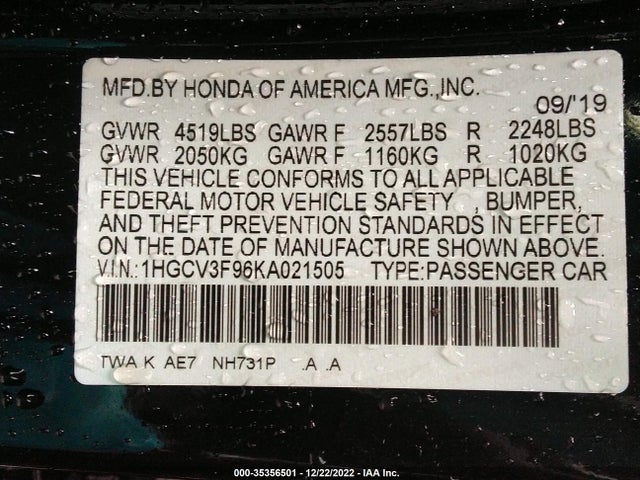 2019 Honda Accord, VIN: 1HGCV3F96KA021505