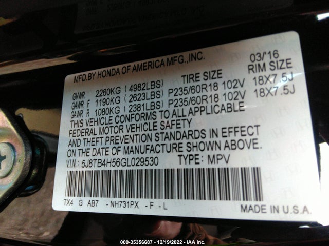 2016 ACURA RDX TECH PKG/TECH VIN: 5J8TB4H56GL029530