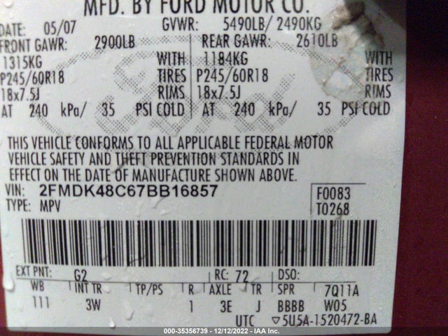 2007 FORD EDGE SEL VIN: 2FMDK48C67BB16857