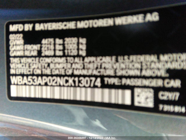 2022 BMW 4 Series, VIN: WBA53AP02NCK13074